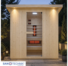 Venkovní infrasauna Sanotechnik ze světlého dřeva se skleněnými dveřmi, vnitřním osvětlením a infračervenými zářiči na zahradě.