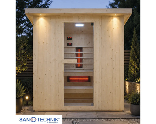 Venkovní infrasauna Sanotechnik ze světlého dřeva se skleněnými dveřmi, vnitřním osvětlením a infračervenými zářiči na zahradě.