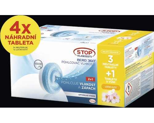 Náhradní tablety Aero 360 do pohlcovače vlhkosti, balení 4 kusy, 3 neutrální a 1 s vůní lučního kvítí. Logo Henkel.