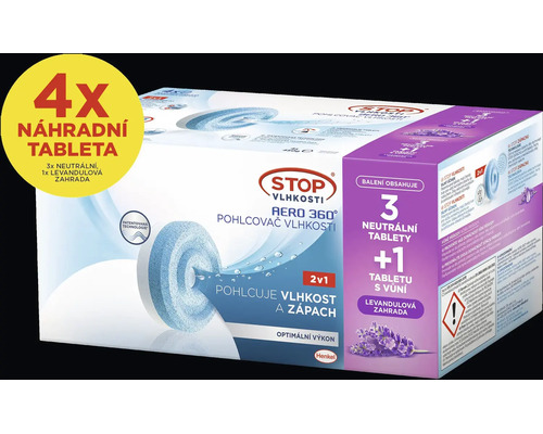 Stop Vlhkosti Aero 360 náhradní tablety, balení 4 kusy, 3 neutrální a 1 s vůní levandule, pohlcuje vlhkost a zápach. Henkel Logo.