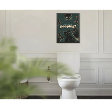 Rámovaný obraz na stěnu s černými kočkami a textem are you pooping? nad bílou toaletou v koupelně.