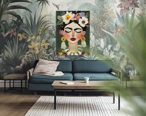 Moderní obývací pokoj s modrou pohovkou, dřevěným stolkem a portrétem ve stylu Fridy Kahlo na stěně s botanickou fototapetou.