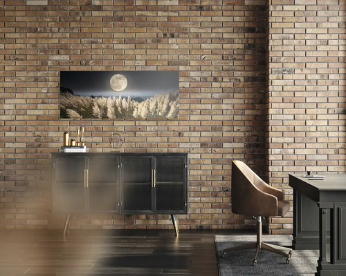 Panoramatický nástěnný obraz s úplňkem nad okrasnými travinami na cihlové zdi nad černou komodou v moderním pokoji s hnědou kancelářskou židlí.