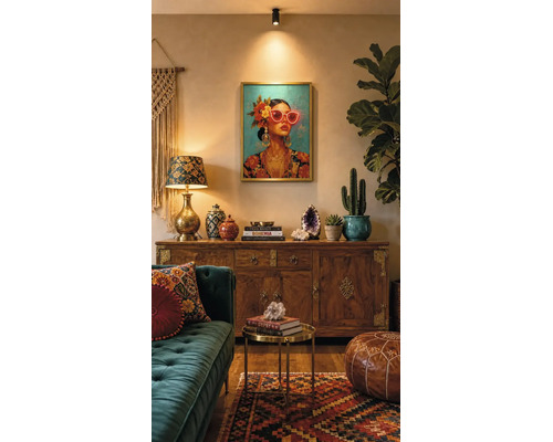 Obývací pokoj v boho stylu se zelenou sametovou pohovkou, dřevěnou komodou, vzorovaným kobercem, mosazným stolkem a dekoracemi.
