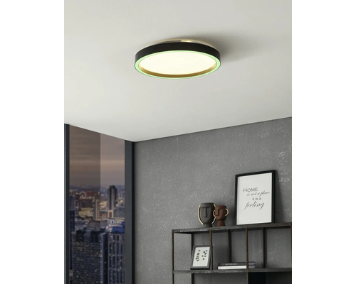 Moderní kulaté stropní LED svítidlo s černým rámem a zeleným světelným kruhem v pokoji s šedou stěnou a kovovým regálem.