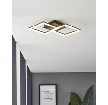 Moderní černé LED stropní svítidlo se dvěma propojenými čtvercovými světelnými rámy v moderně zařízeném interiéru.