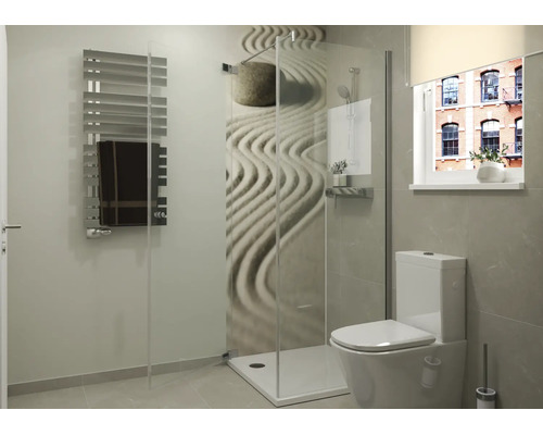 Moderní koupelna se sprchovým koutem, zástěnou s motivem zen, stojícím WC a žebříkovým radiátorem, moderní design.