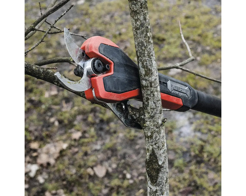 Akumulátorové nůžky na větve při stříhání větve na zahradě.