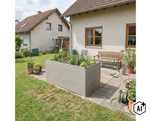 Obdélníkový vyvýšený záhon z plastu se vzhledem dřeva na kamenné terase v zahradě s domem, zahradní lavičkou a rostlinami. (Image AI modified or generated)