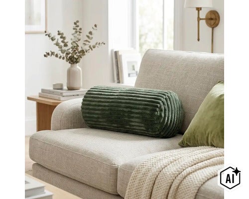 Válcový dekorativní polštář s žebrovanou strukturou na moderní pohovce ve světlém obývacím pokoji. (Image AI modified or generated)