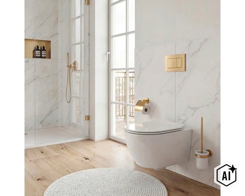Moderní koupelna se závěsným WC, sprchou a zlatými armaturami u mramorových obkladů a dřevěné podlahy. (Image AI modified or generated)