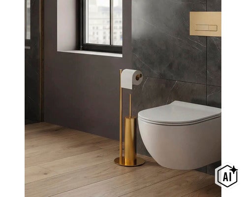 Volně stojící držák toaletního papíru a WC štětka z kovu v moderním vzhledu vedle závěsného WC v koupelně (Image AI modified or generated)