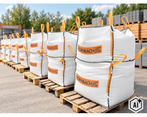 Několik naplněných velkoobjemových vaků Hornbach na dřevěných paletách ve venkovním areálu hobbymarketu. (Image AI modified or generated)