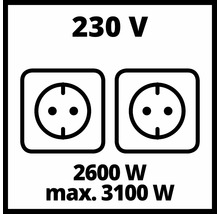 Symbol pro dvě zásuvky s napětím 230 Voltů a výkonem 2600 Wattů až maximálně 3100 Wattů.