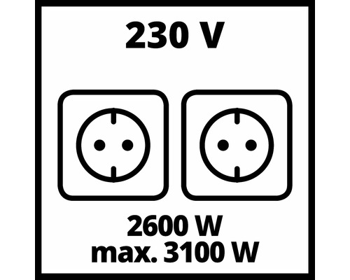 Symbol pro dvě zásuvky s napětím 230 Voltů a výkonem 2600 Wattů až maximálně 3100 Wattů.