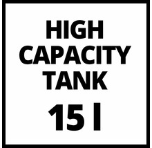 Symbol s textem High Capacity Tank 15 litrů pro produkty s velkým objemem nádrže
