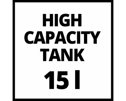 Symbol s textem High Capacity Tank 15 litrů pro produkty s velkým objemem nádrže