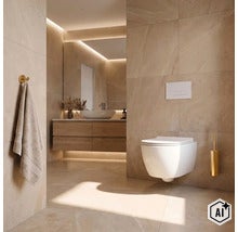 Moderní koupelna se závěsným WC, umyvadlovou skříňkou s umyvadlem na desku, velkým zrcadlem a světlými obklady s kamenným vzhledem. (Image AI modified or generated)