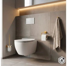 Moderní koupelna se závěsným WC, ovládacím tlačítkem, držákem na toaletní papír, štětkou a háčkem na ručník v minimalistickém stylu. (Image AI modified or generated)