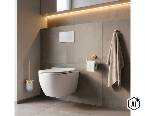 Moderní koupelna se závěsným WC, ovládacím tlačítkem, držákem na toaletní papír, štětkou a háčkem na ručník v minimalistickém stylu. (Image AI modified or generated)