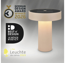 Moderní kulatá LED stolní lampa s rýhovaným sloupkovým podstavcem oceněná cenami za design.