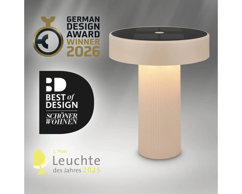 Moderní kulatá LED stolní lampa s rýhovaným sloupkovým podstavcem oceněná cenami za design.