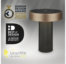 Moderní kulatá LED stolní lampa s žebrovaným sloupkovým podstavcem, oceněná cenami za design.