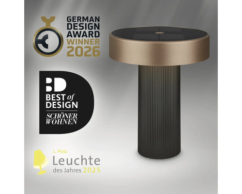 Moderní kulatá LED stolní lampa s žebrovaným sloupkovým podstavcem, oceněná cenami za design.