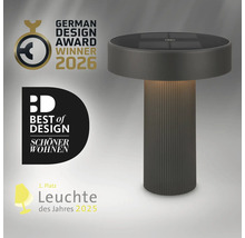 Moderní LED stolní lampa se solárním panelem, vítěz ceny German Design Award 2026 a ocenění Best of Design.