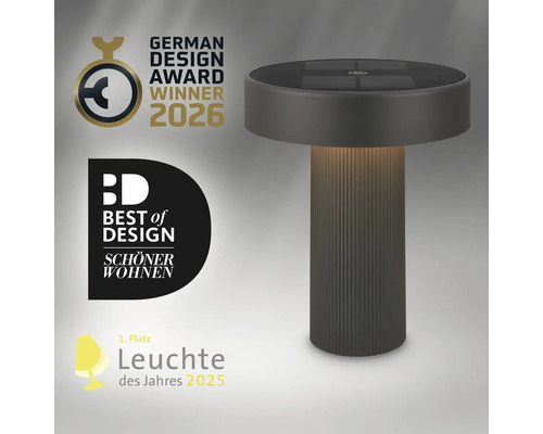Moderní LED stolní lampa se solárním panelem, vítěz ceny German Design Award 2026 a ocenění Best of Design.