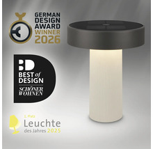 Moderní LED stolní lampa s žebrovanou základnou a plochou hlavou včetně ocenění za design