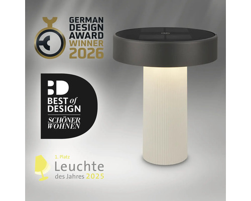 Moderní LED stolní lampa s žebrovanou základnou a plochou hlavou včetně ocenění za design