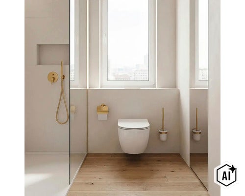 Moderní koupelna se závěsným WC, doplňky ve zlaté barvě, sprchovým koutem a dřevěnou podlahou ve světlém, minimalistickém stylu. (Image AI modified or generated)