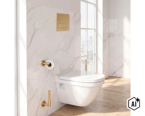 Moderní koupelna se závěsným WC, ovládacím tlačítkem, držákem toaletního papíru a držákem WC štětky v kovovém vzhledu na mramorované stěně. (Image AI modified or generated)