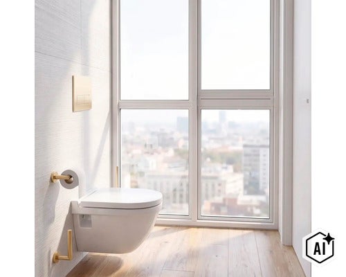 Moderní závěsné WC s ovládacím tlačítkem a držákem toaletního papíru ve světlé koupelně s velkým oknem a výhledem na město. (Image AI modified or generated)