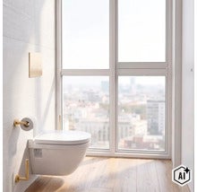 Moderní závěsné WC s ovládacím tlačítkem a držákem toaletního papíru v prosvětlené koupelně s velkým oknem a dřevěnou podlahou. (Image AI modified or generated)