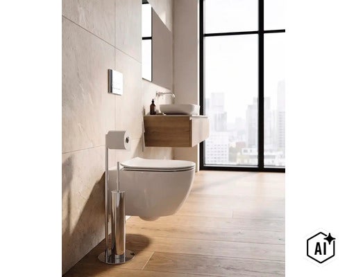 Moderní koupelna se závěsným WC, umyvadlem na desku na dřevěné skříňce, držákem toaletního papíru a nerezovou WC štětkou. (Image AI modified or generated)