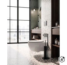 Moderní koupelna se závěsným WC, teracovými dlaždicemi, dřevěnou koupelnovou skříňkou a velkým oknem v prosvětleném, elegantním prostoru. (Image AI modified or generated)