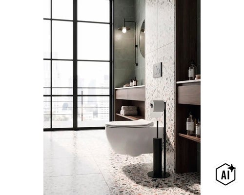 Moderní koupelna se závěsným WC, teracovými dlaždicemi, dřevěnou koupelnovou skříňkou a velkým oknem v prosvětleném, elegantním prostoru. (Image AI modified or generated)