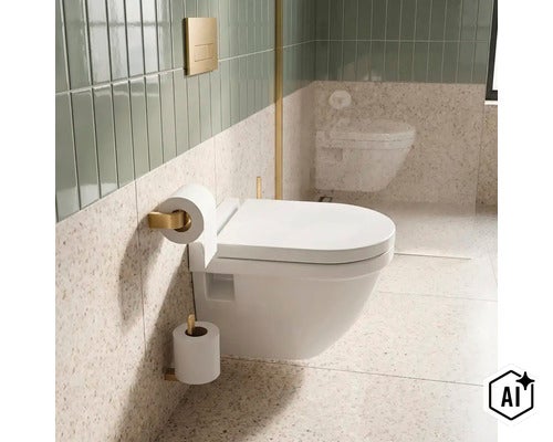 Moderní koupelna se závěsným WC, toaletním sedátkem, držákem toaletního papíru a držákem náhradní role v mosazném designu a obklady terrazzo. (Image AI modified or generated)