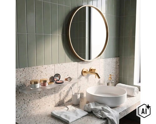 Moderní koupelna s kulatým zrcadlem, umyvadlem na desku a terrazzo deskou před svisle obloženou stěnou s mosaznou baterií. (Image AI modified or generated)