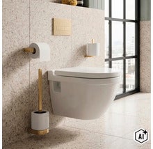 Moderní koupelna se závěsným WC, ovládacím tlačítkem, držákem toaletního papíru a toaletní štětkou v jednotném designu. (Image AI modified or generated)