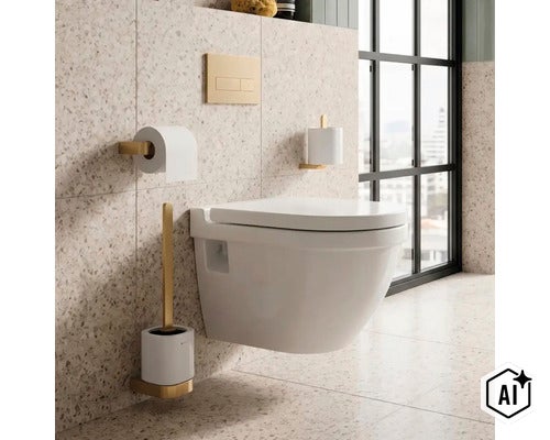 Moderní koupelna se závěsným WC, ovládacím tlačítkem, držákem toaletního papíru a toaletní štětkou v jednotném designu. (Image AI modified or generated)