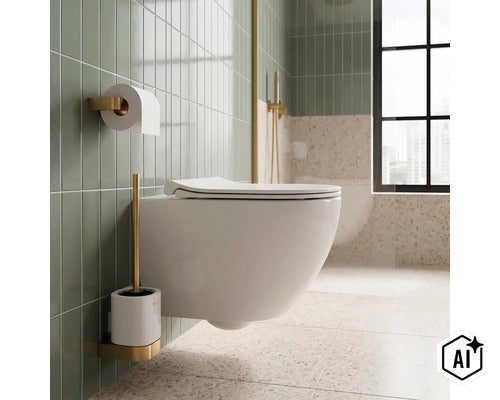 Moderní koupelna se závěsným WC, držákem toaletního papíru a WC štětkou se zlatým vzhledem před obloženou stěnou. (Image AI modified or generated)
