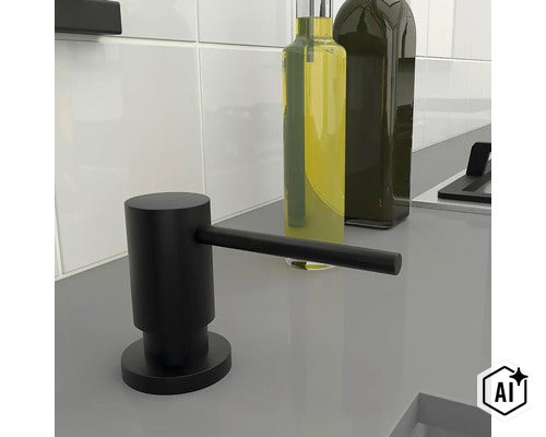 Vestavný dávkovač saponátu s válcovým designem pro kuchyňský dřez v moderním prostředí. (Image AI modified or generated)