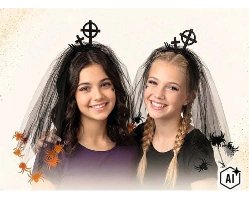 Dvě mladé ženy s halloweenskou čelenkou se závojem s motivy pavouků a křížů pro kostým (Image AI modified or generated)