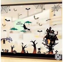 Sada halloweenských samolepek na okno s motivem čarodějnice, strašidelného domu, dýní a netopýrů pro dekoraci skleněných ploch. (Image AI modified or generated)