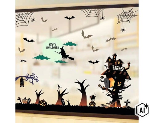 Sada halloweenských samolepek na okno s motivem čarodějnice, strašidelného domu, dýní a netopýrů pro dekoraci skleněných ploch. (Image AI modified or generated)