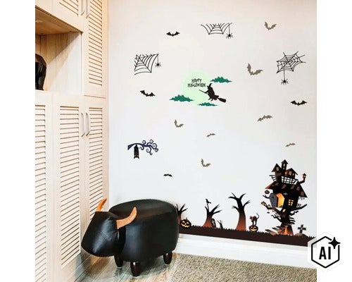Halloweenské samolepky na zeď s motivy čarodějnic, netopýrů, pavučin a strašidelného domu pro dekorativní výzdobu stěn. (Image AI modified or generated)