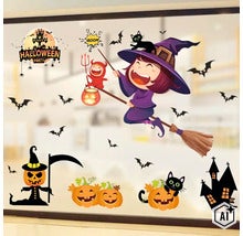 Halloweenská okenní nálepka s čarodějnicí na koštěti, dýněmi, kočkou a netopýry jako dekorativní samolepka pro oslavu. (Image AI modified or generated)